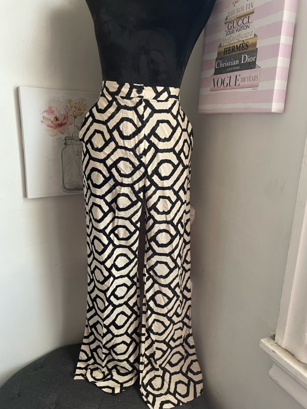 H&M Black and Cream Geometric Straight Leg Pants